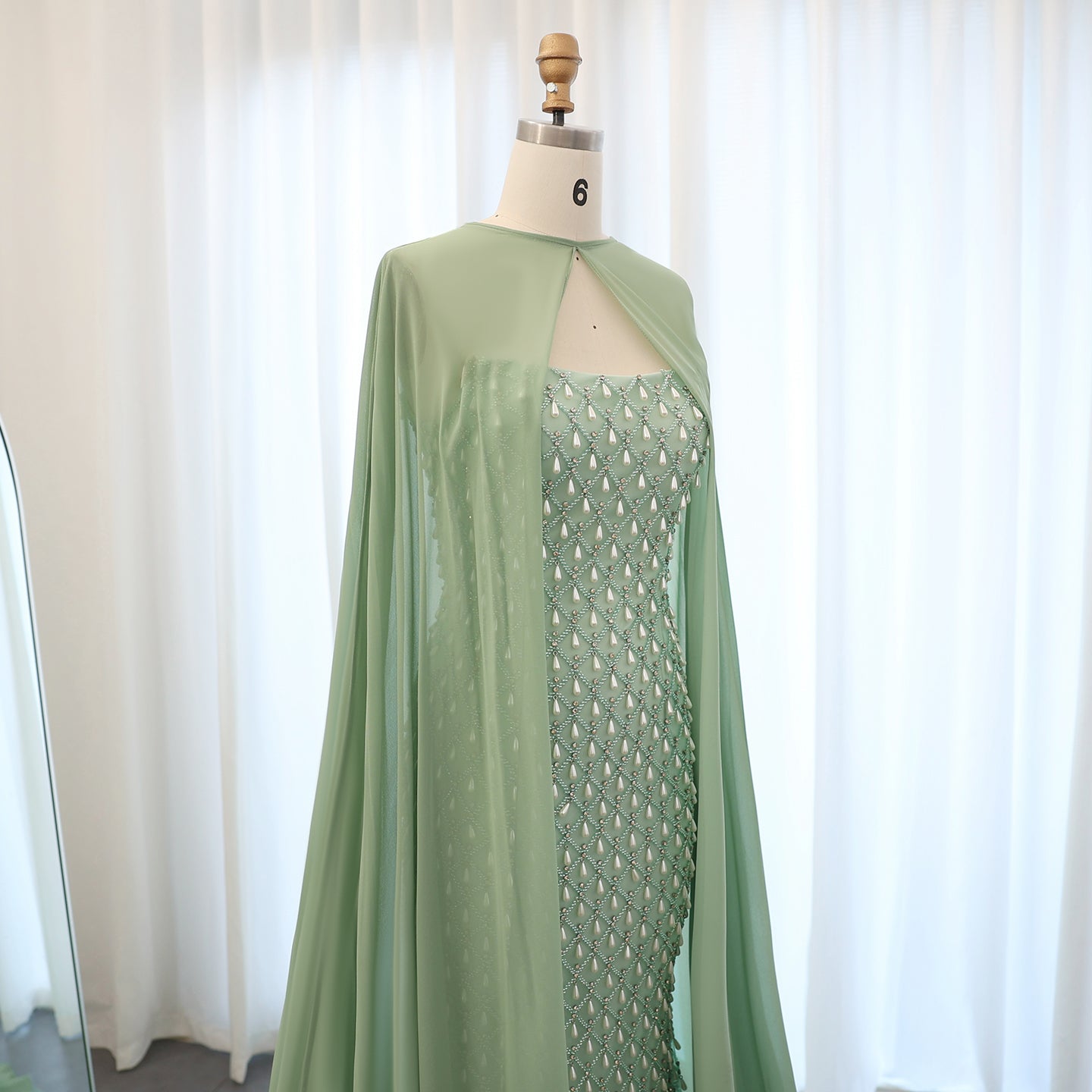 Luxury Crystal Pearls Sage Green Evening Dress with Cape SS431