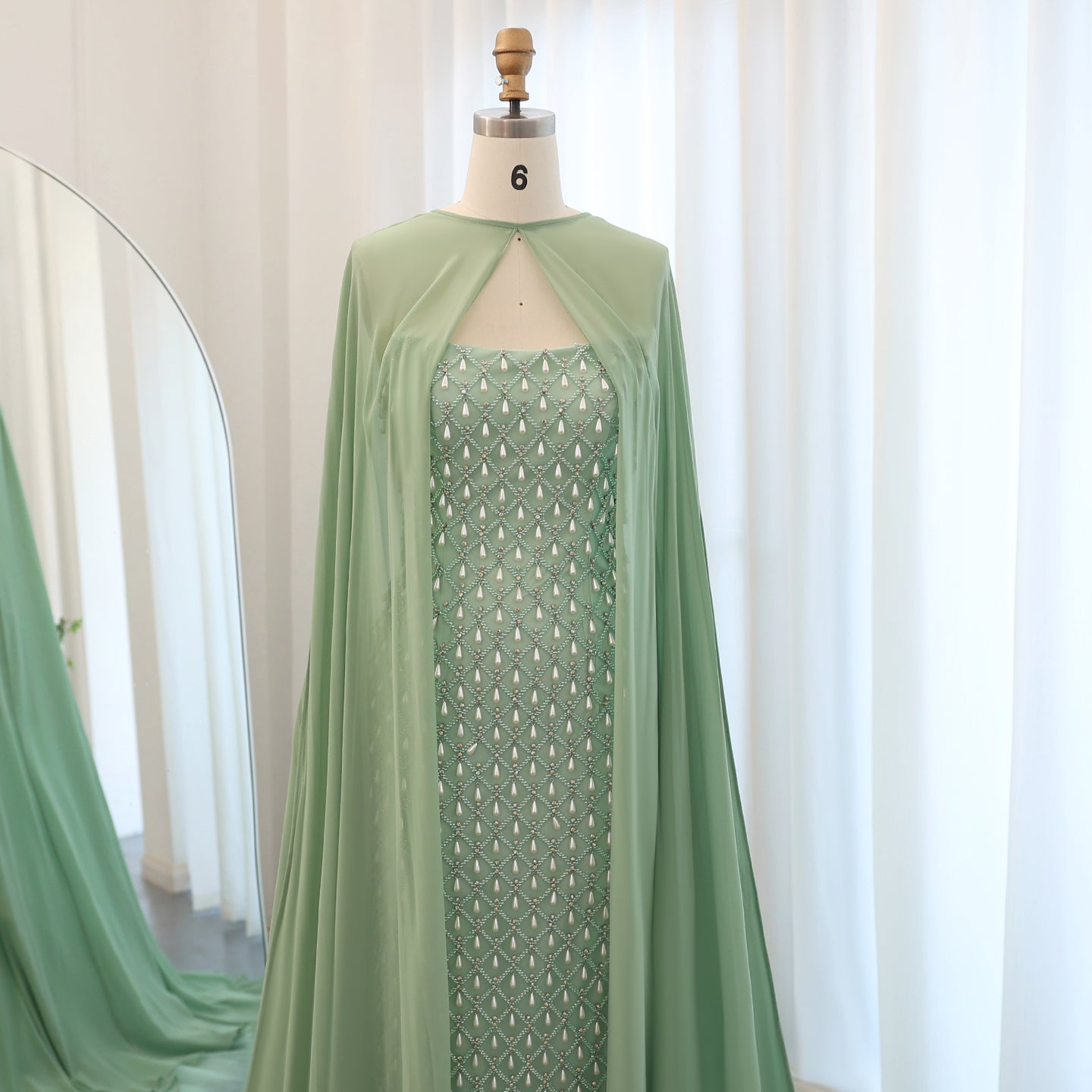 Luxury Crystal Pearls Sage Green Evening Dress with Cape SS431