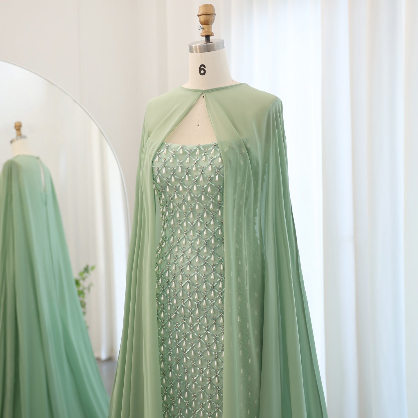 Luxury Crystal Pearls Sage Green Evening Dress with Cape SS431
