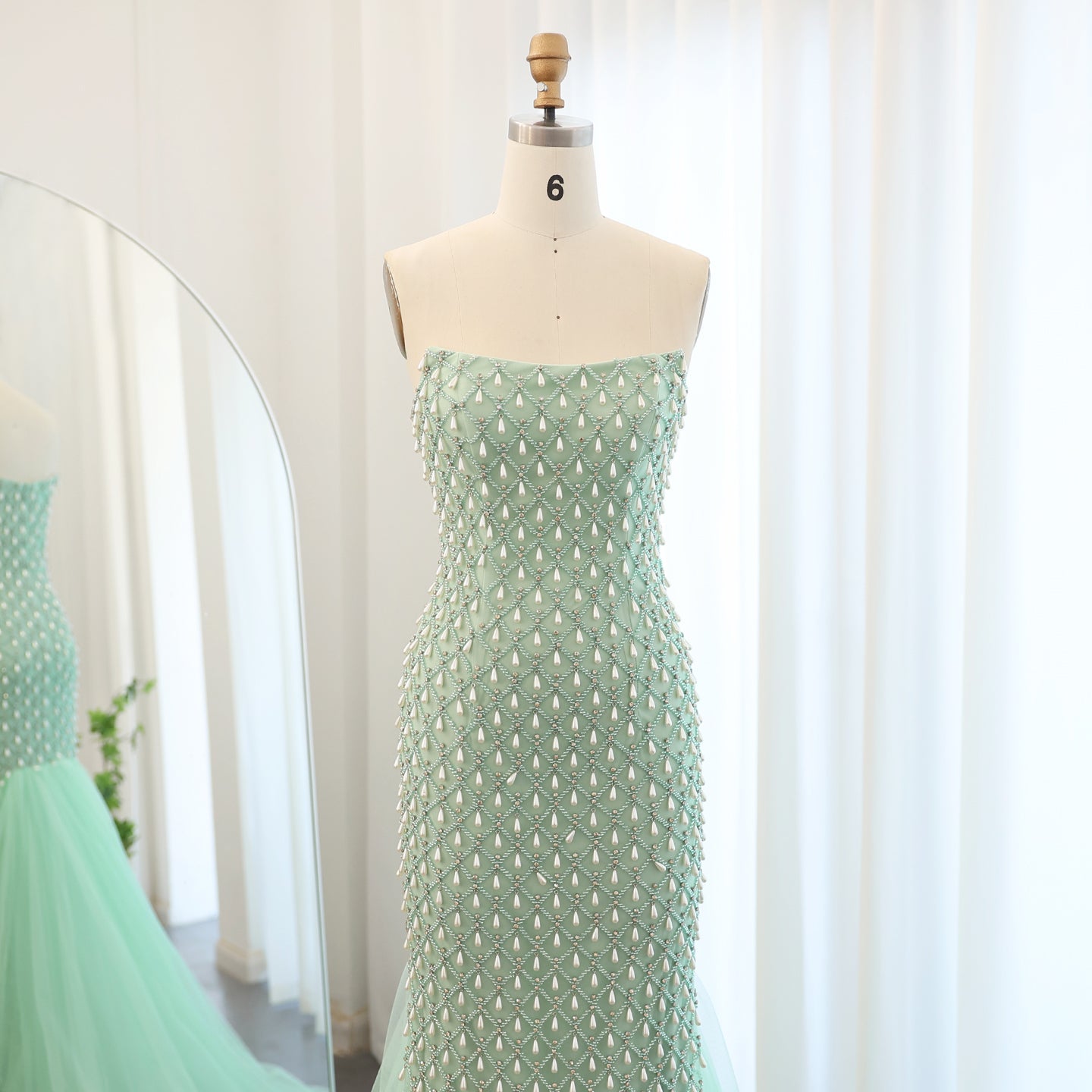 Luxury Crystal Pearls Sage Green Evening Dress with Cape SS431