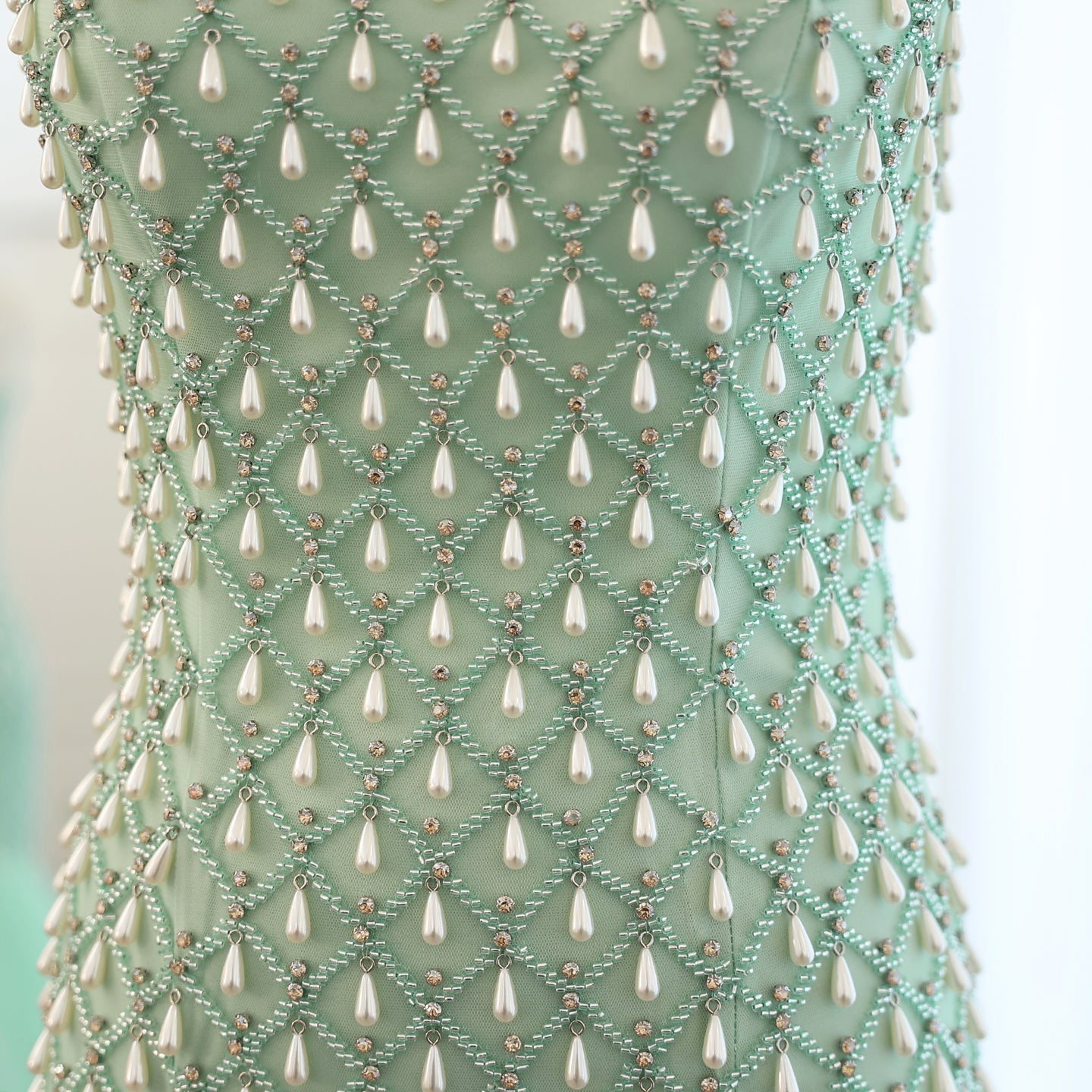 Luxury Crystal Pearls Sage Green Evening Dress with Cape SS431