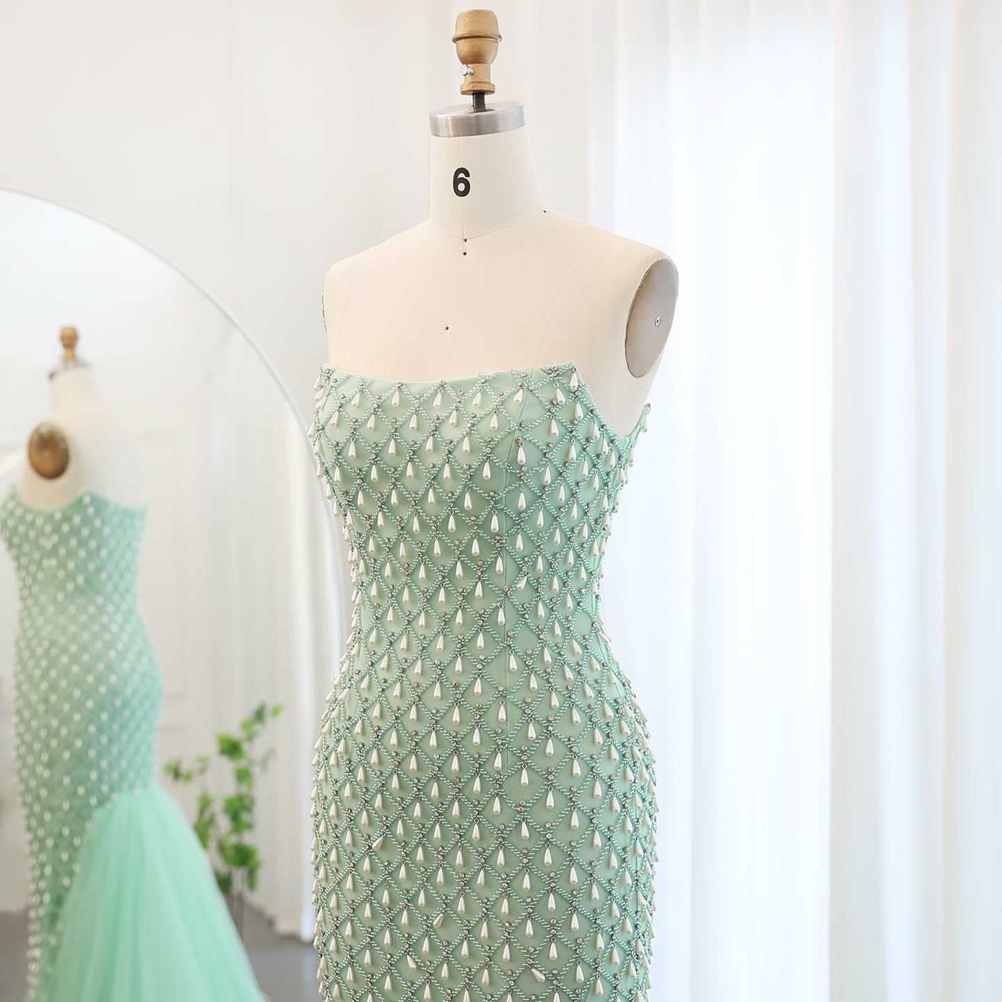 Luxury Crystal Pearls Sage Green Evening Dress with Cape SS431