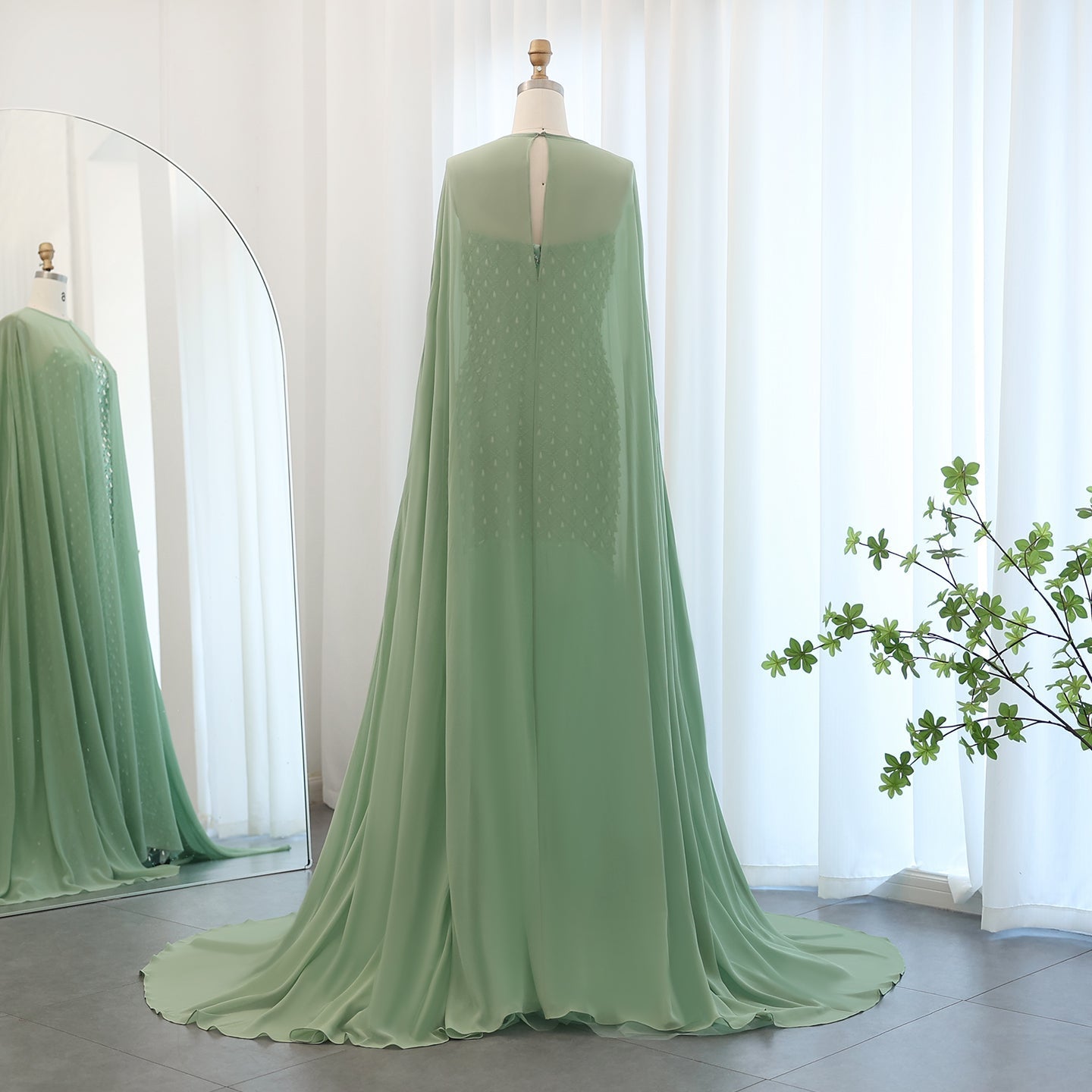 Luxury Crystal Pearls Sage Green Evening Dress with Cape SS431