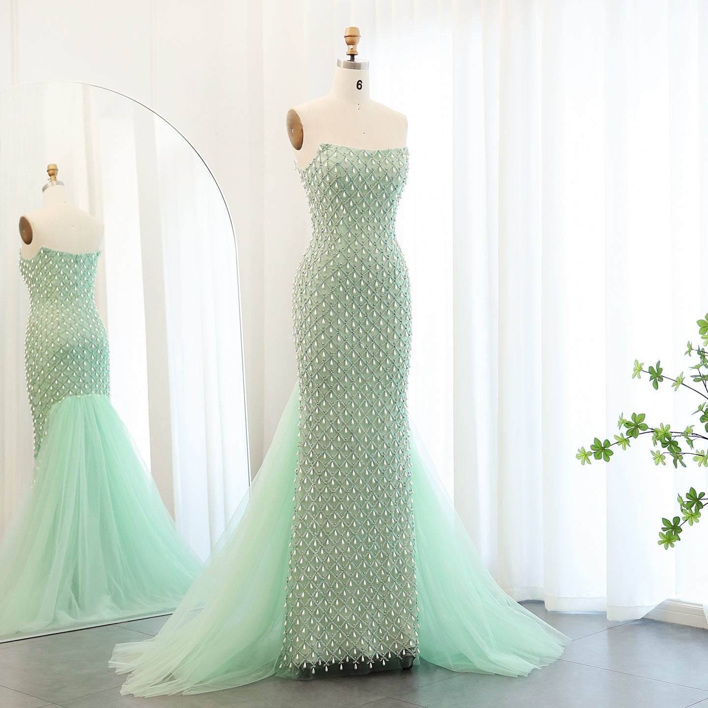 Luxury Crystal Pearls Sage Green Evening Dress with Cape SS431
