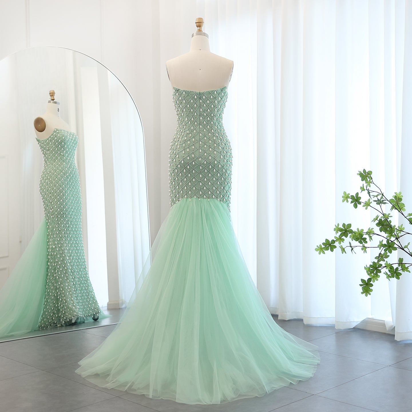 Luxury Crystal Pearls Sage Green Evening Dress with Cape SS431