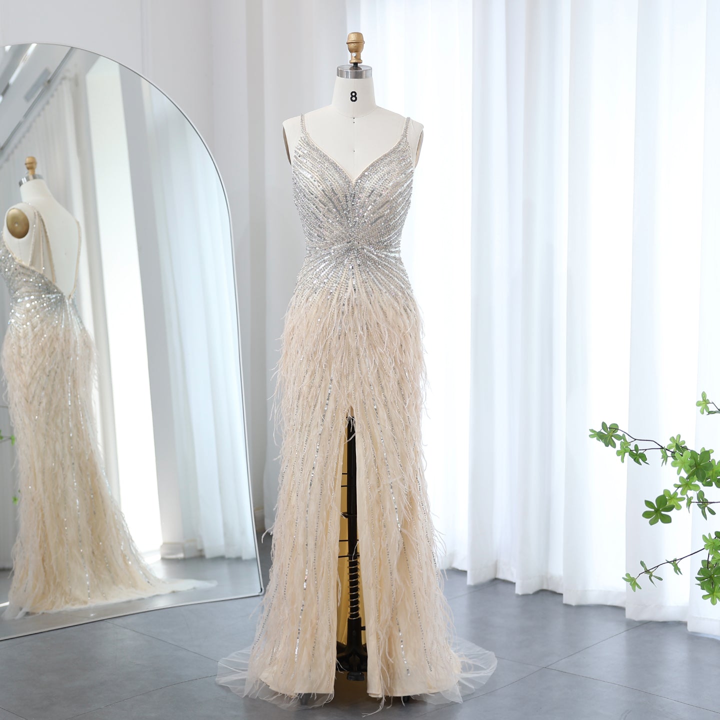 Luxury Beaded Blue Mermaid Feathers Prom Dress SS004  Beige / US 20