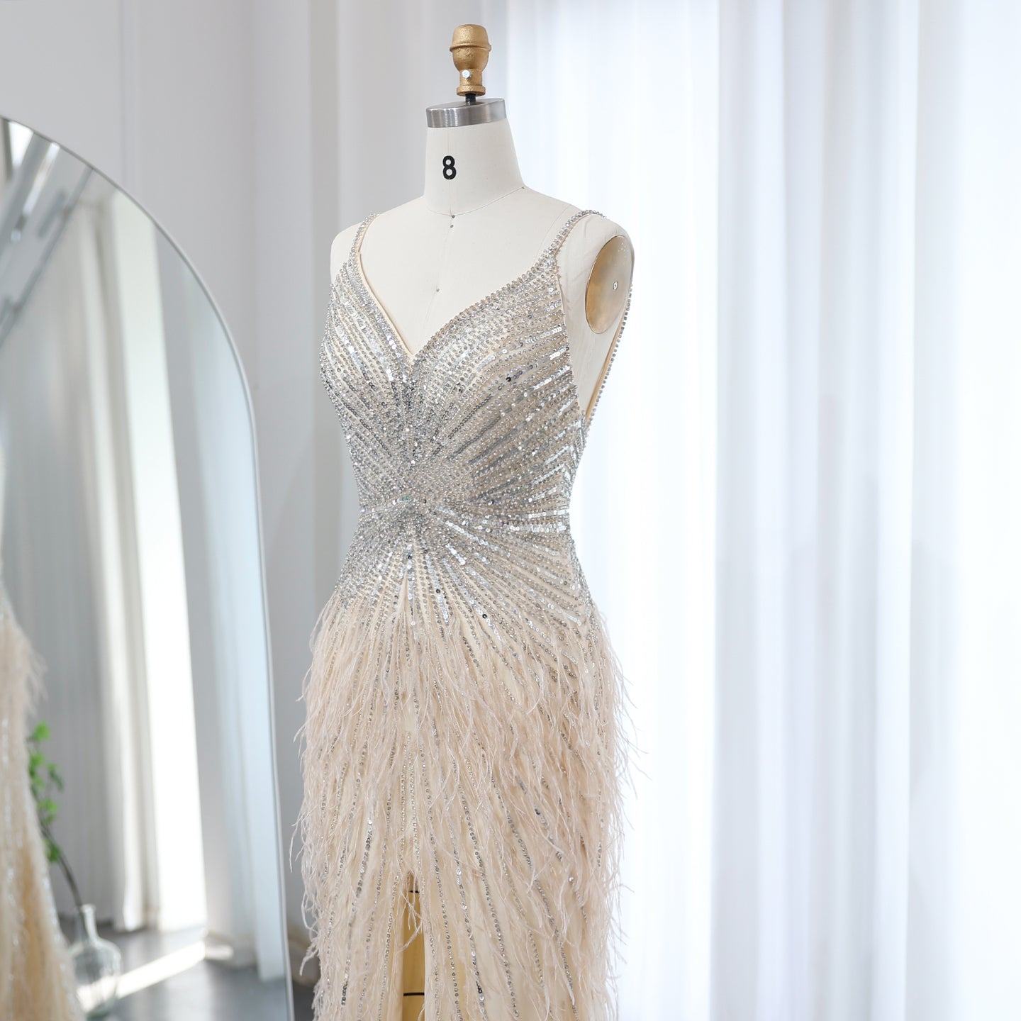 Luxury Beaded Blue Mermaid Feathers Prom Dress SS004