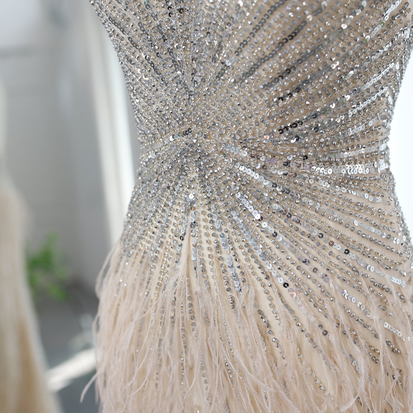 Luxury Beaded Blue Mermaid Feathers Prom Dress SS004