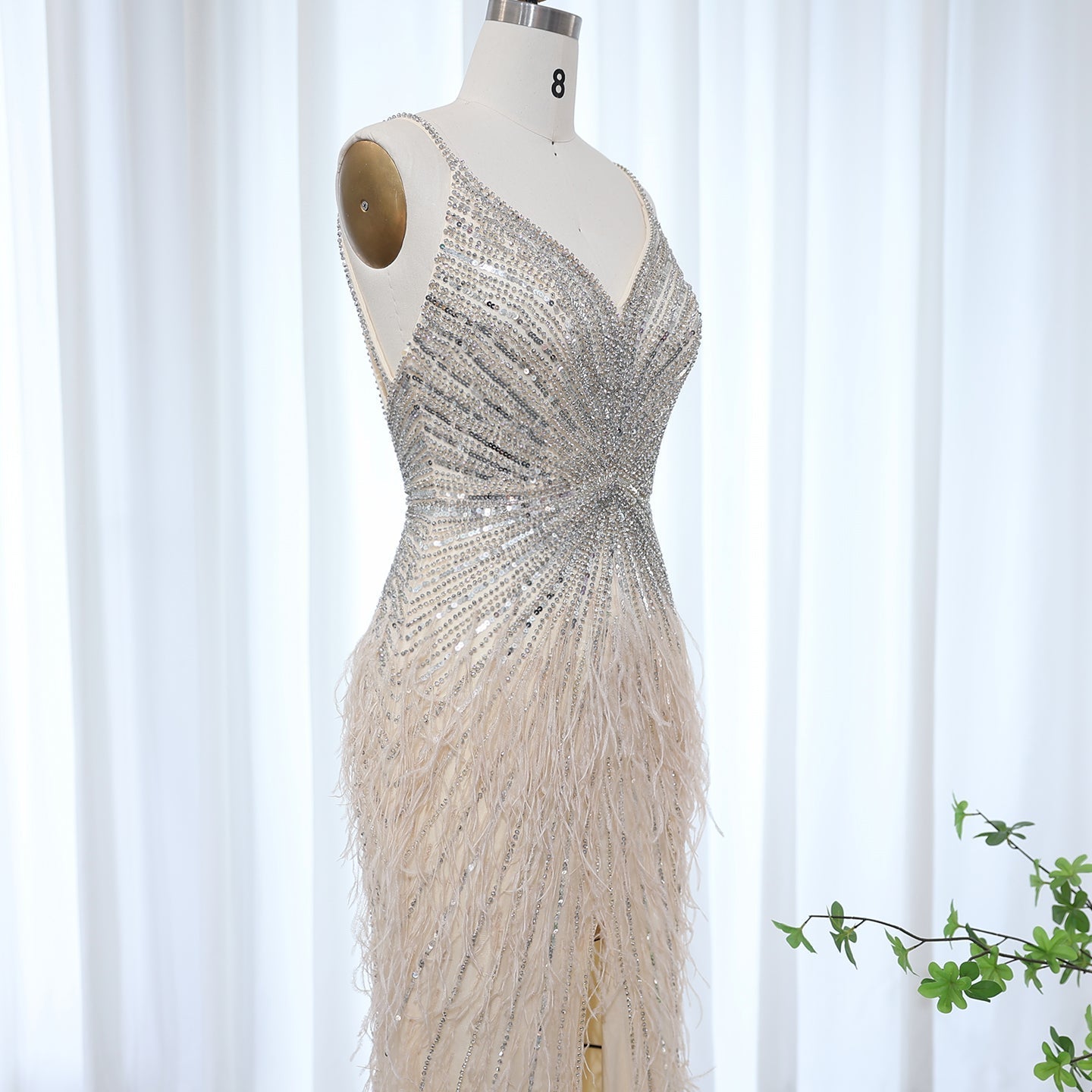 Luxury Beaded Blue Mermaid Feathers Prom Dress SS004