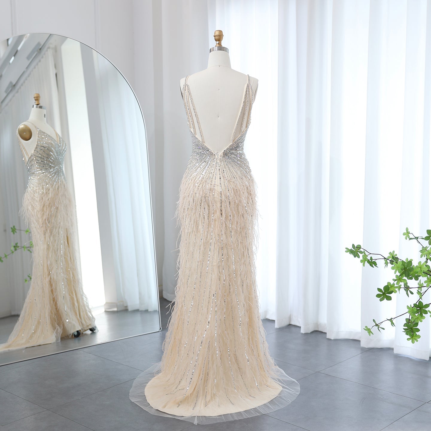 Luxury Beaded Blue Mermaid Feathers Prom Dress SS004