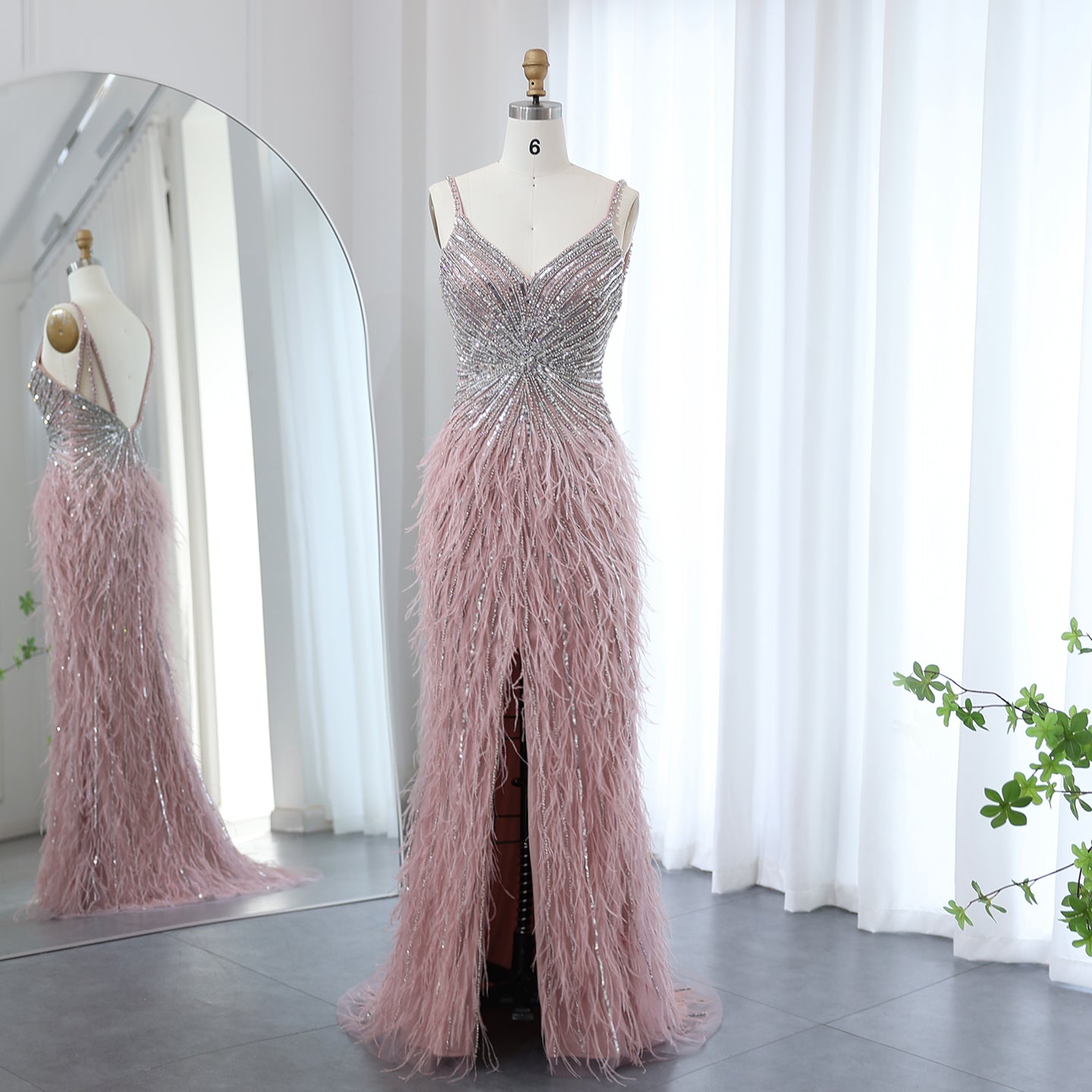 Luxury Beaded Blue Mermaid Feathers Prom Dress SS004  Rose Pink / US 20