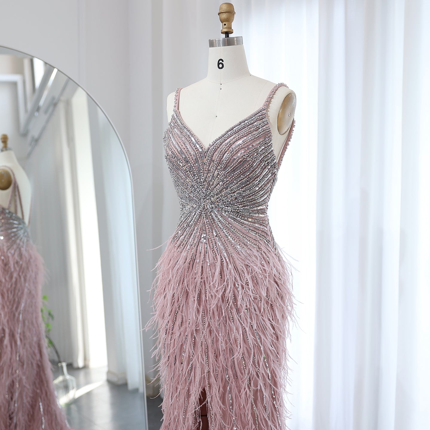 Luxury Beaded Blue Mermaid Feathers Prom Dress SS004