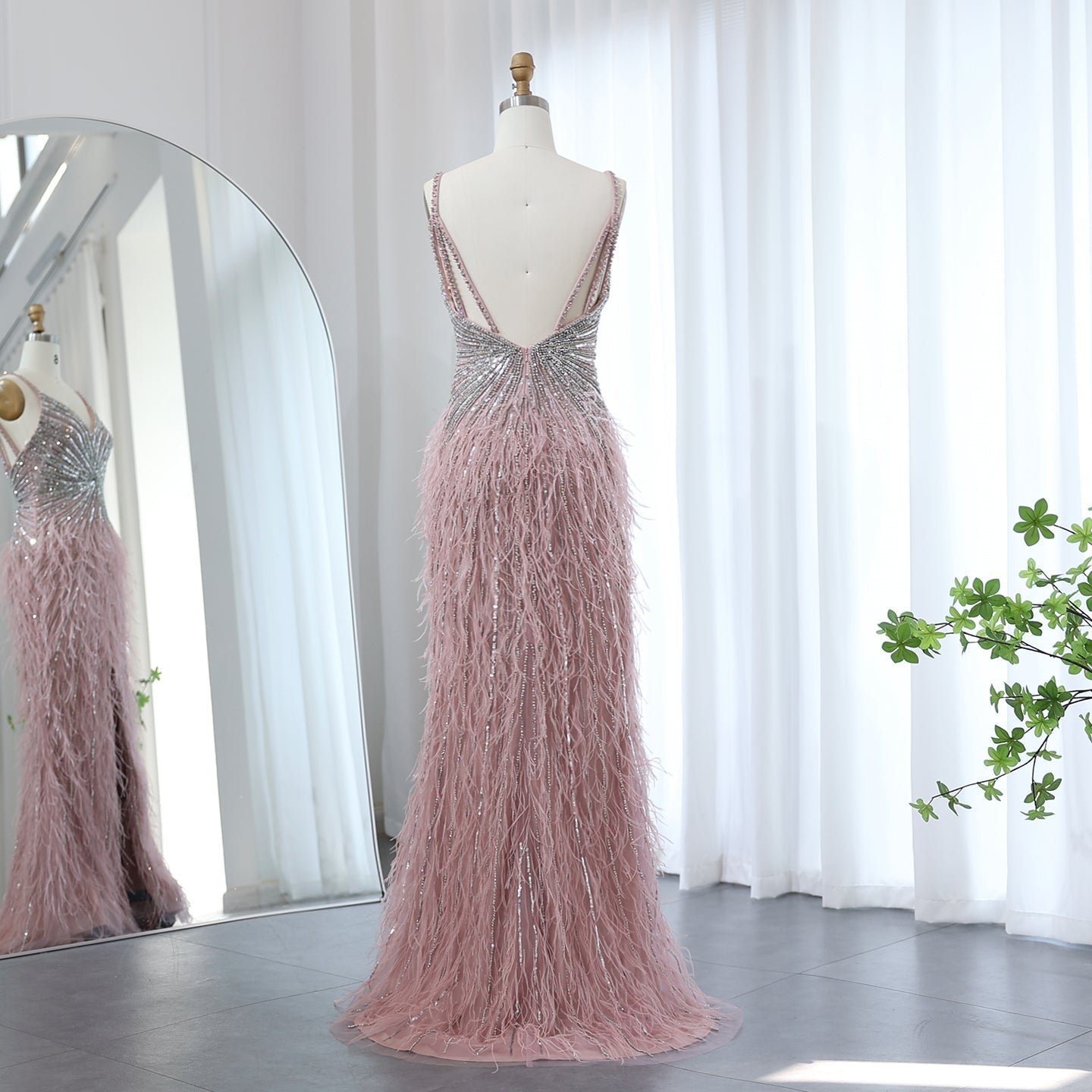 Luxury Beaded Blue Mermaid Feathers Prom Dress SS004