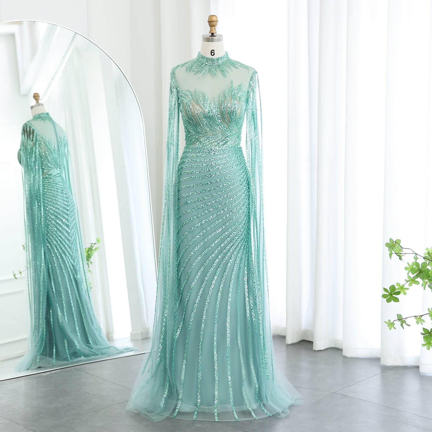 Luxury Caramel Evening Dress with Cape Sleeves SS179  Green / US 20