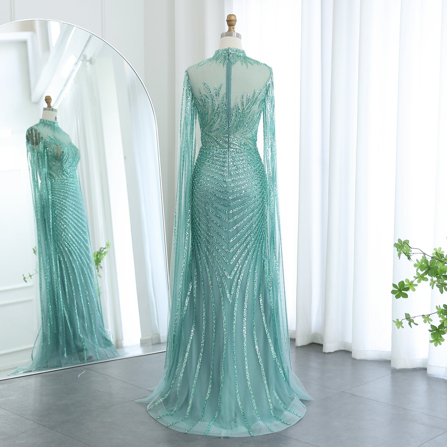 Luxury Caramel Evening Dress with Cape Sleeves SS179