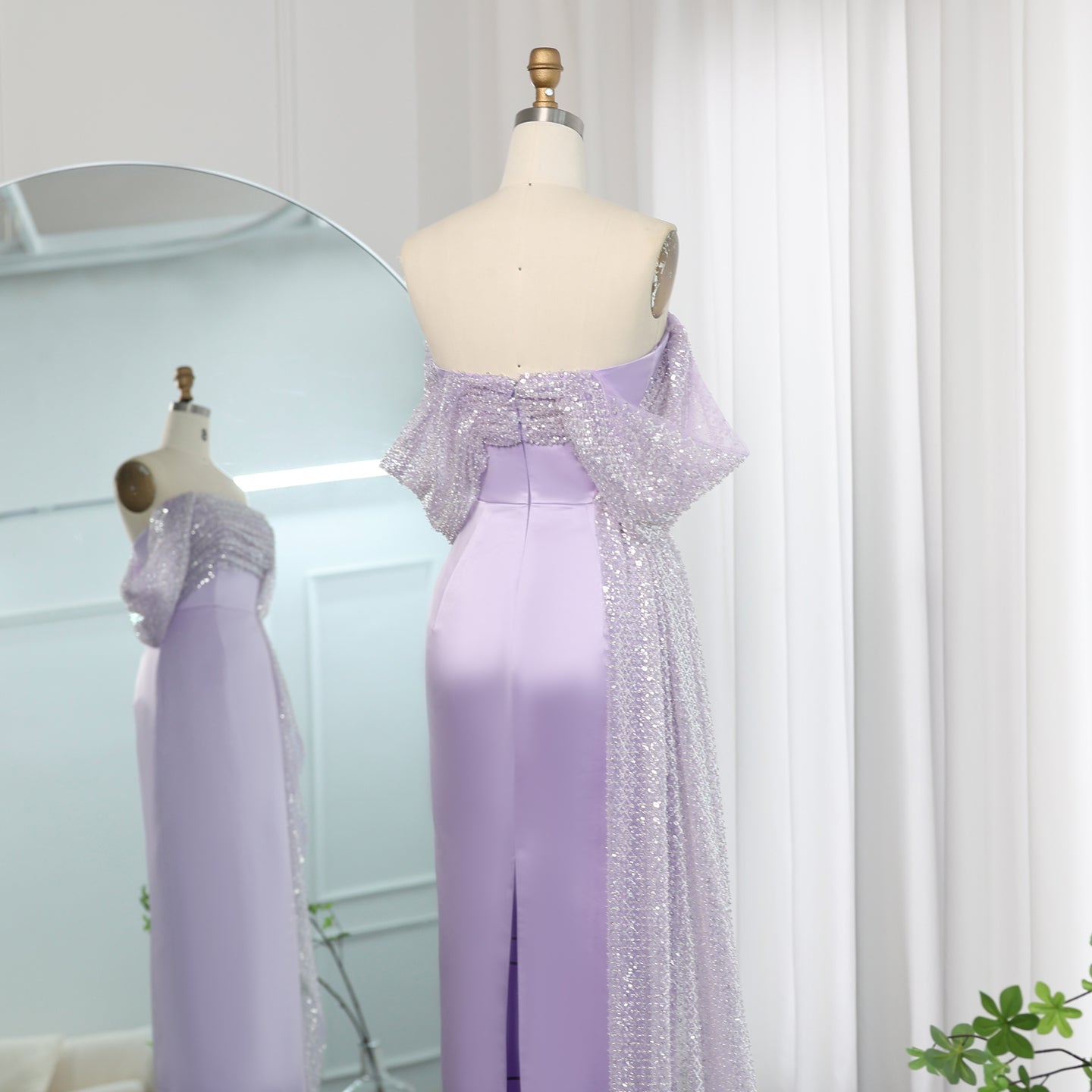 Elegant Off Shoulder Lilac Evening Dress with Overskirt SS340