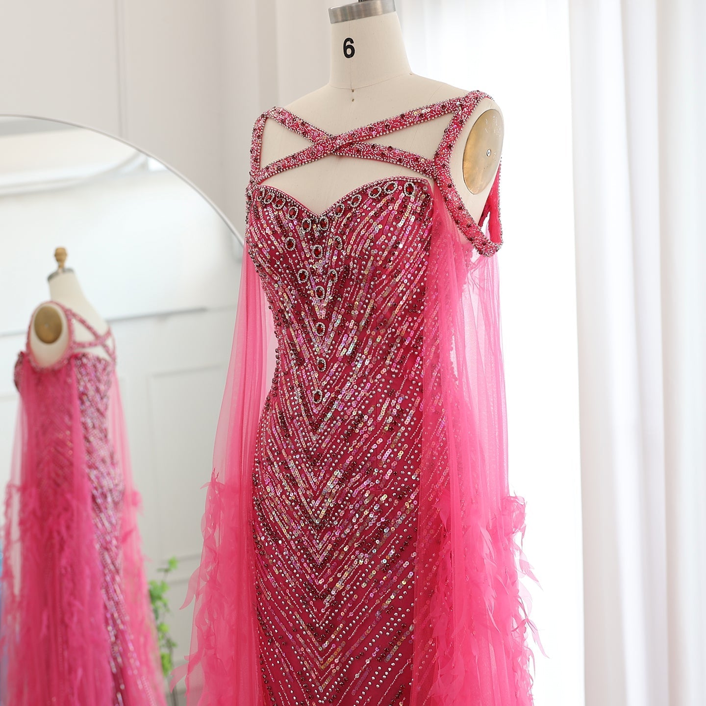 Luxury Fuchsia Evening Dress with Cape Sleeves SS468