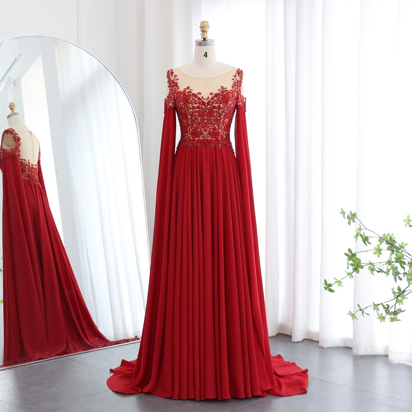 Luxury Beaded Red Chiffon Evening Dress with Cape Sleeve SS298  Burgundy / US 12