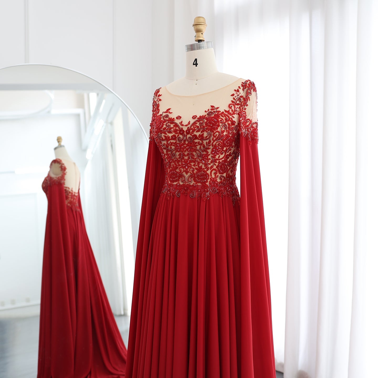 Luxury Beaded Red Chiffon Evening Dress with Cape Sleeve SS298