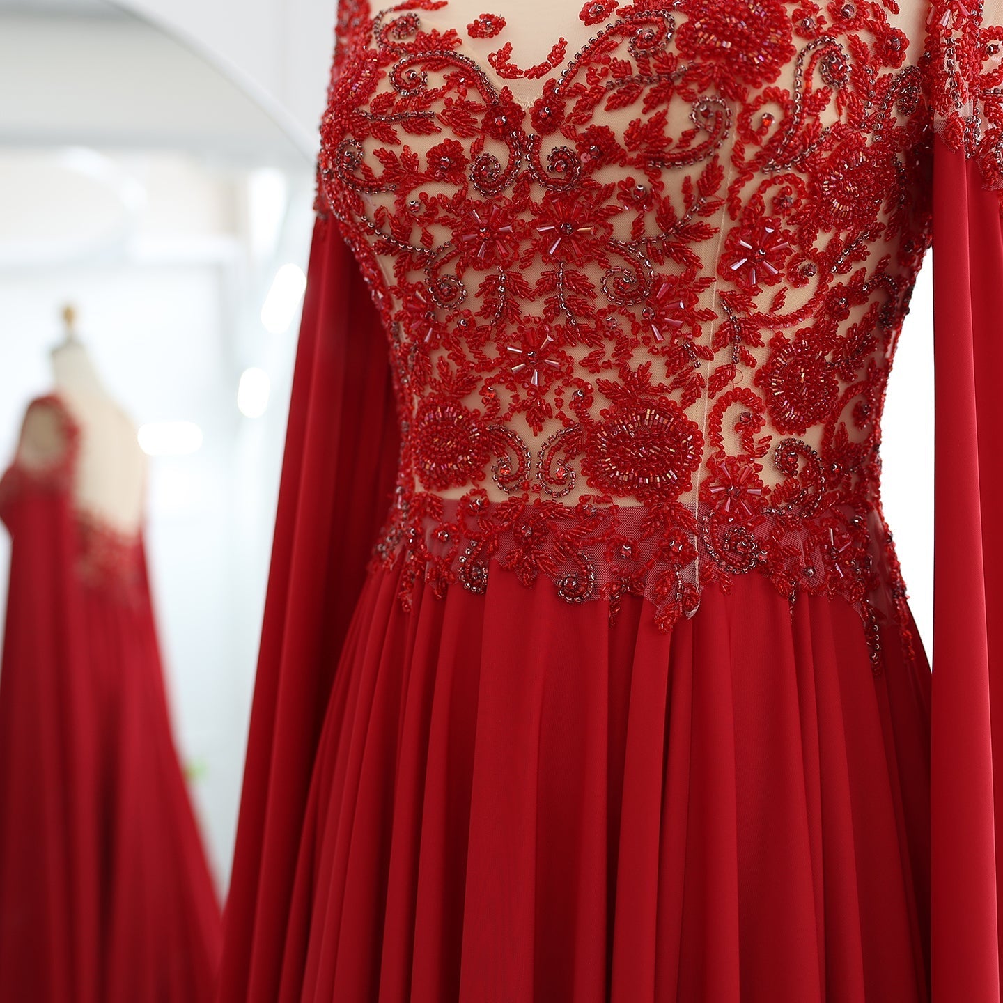 Luxury Beaded Red Chiffon Evening Dress with Cape Sleeve SS298