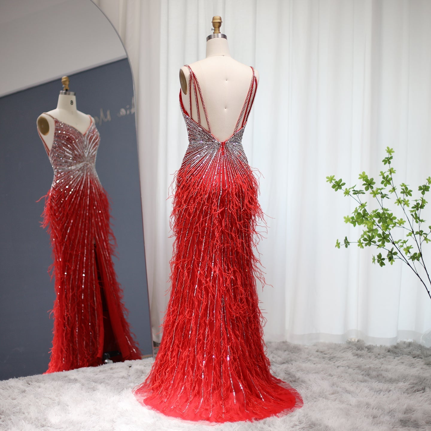 Luxury Beaded Blue Mermaid Feathers Prom Dress SS004