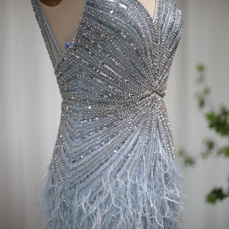 Luxury Beaded Blue Mermaid Feathers Prom Dress SS004