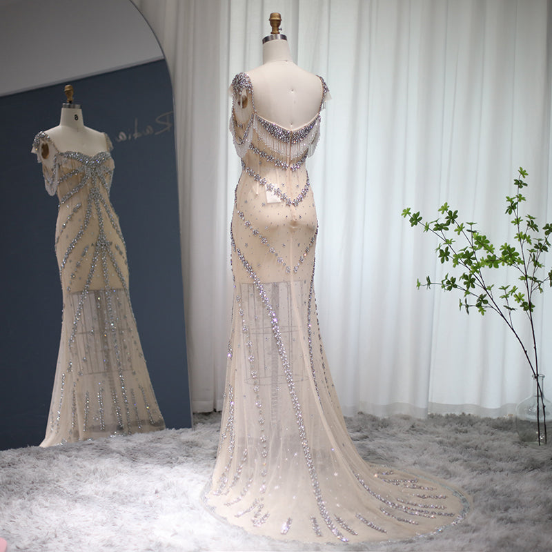 Luxury Crystal Tassel Nude Mermaid Evening Dress SS358