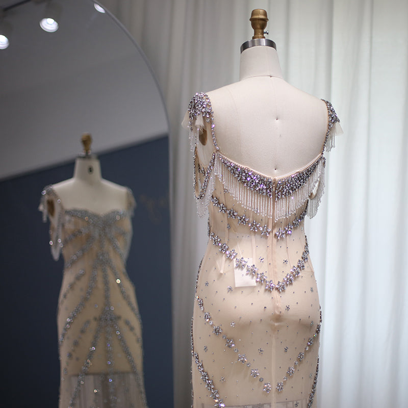 Luxury Crystal Tassel Nude Mermaid Evening Dress SS358
