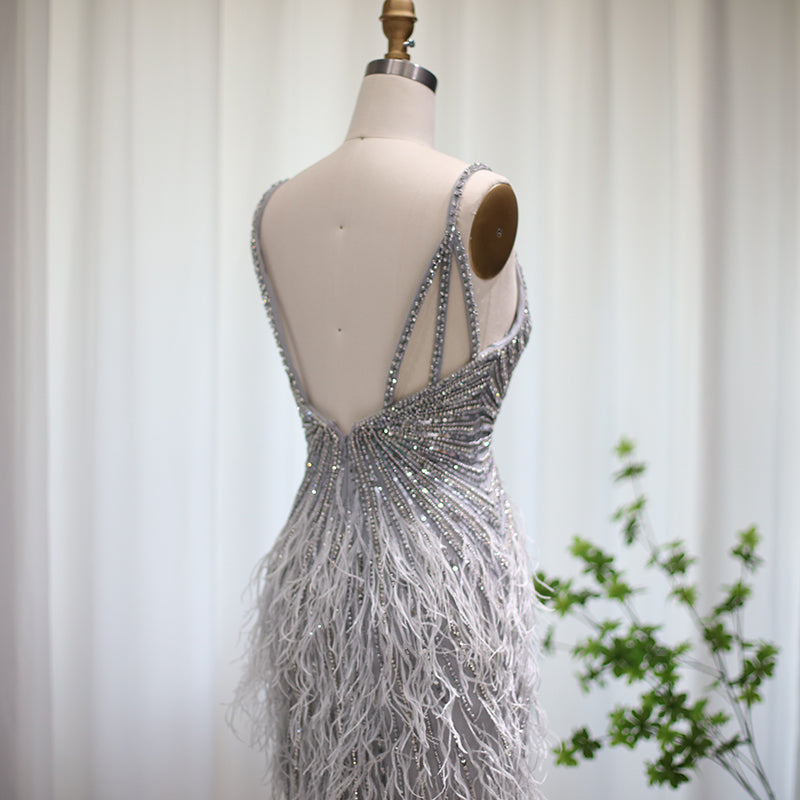 Luxury Beaded Blue Mermaid Feathers Prom Dress SS004