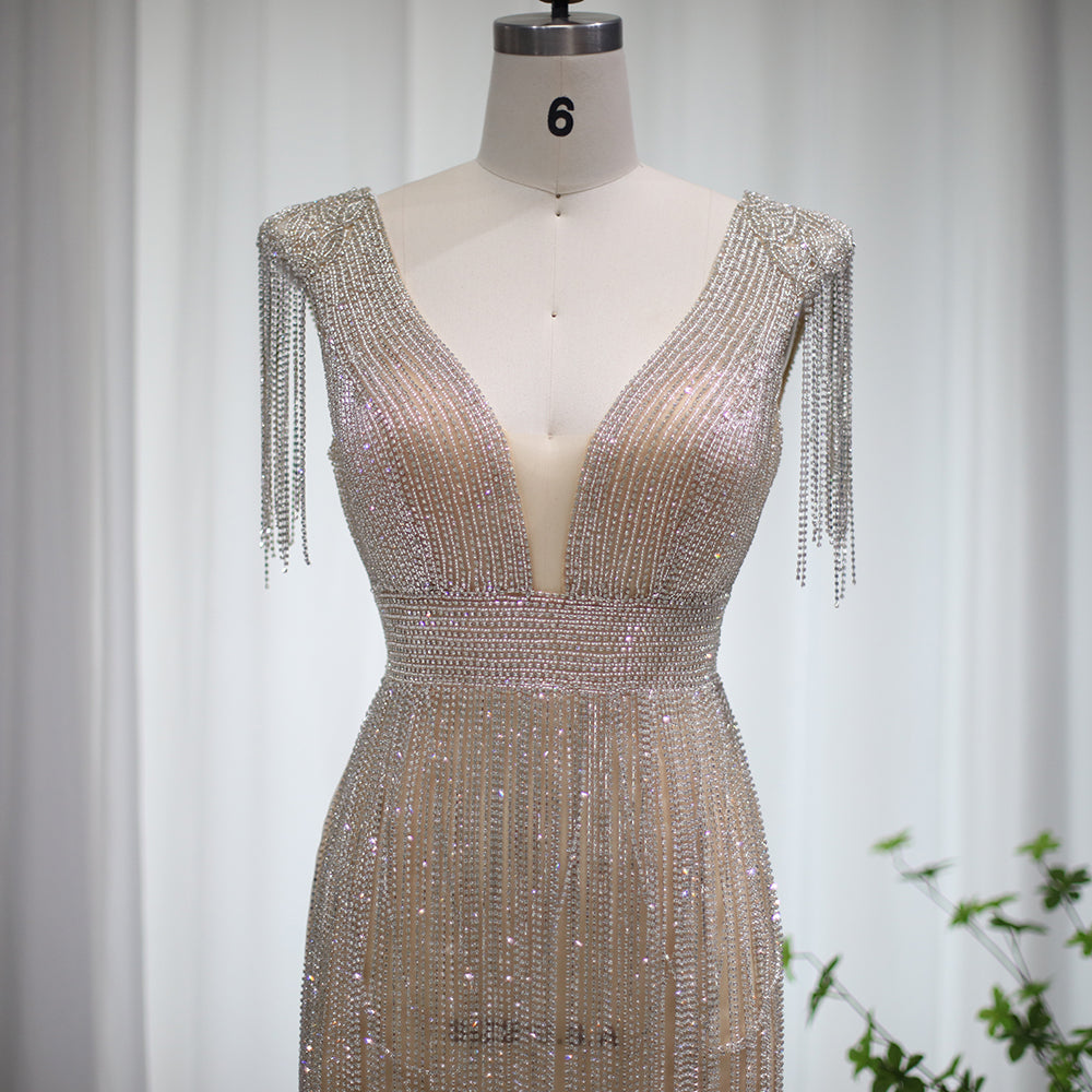 Luxury Beaded Tassel V-Neck Short Cocktail Dress RM043