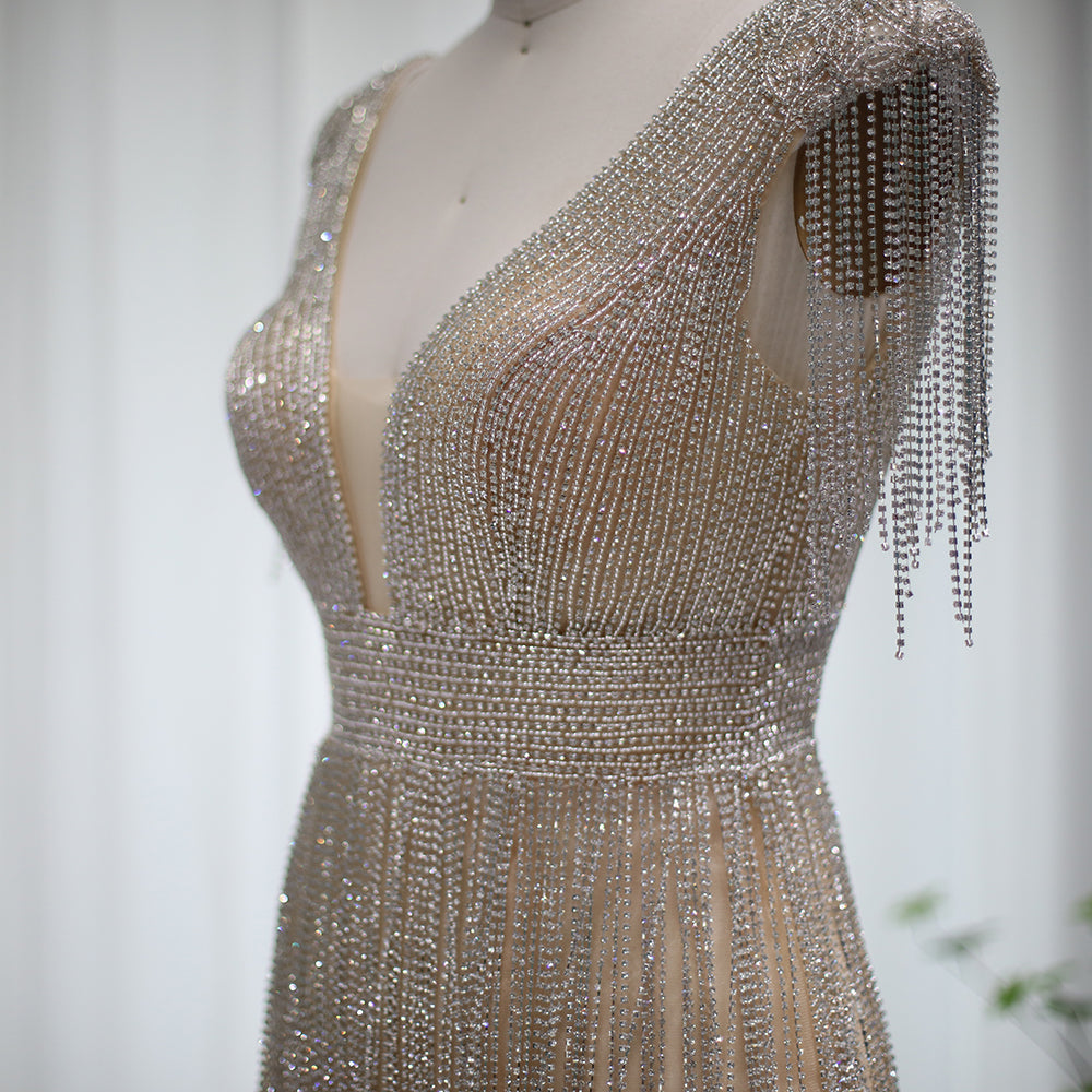 Luxury Beaded Tassel V-Neck Short Cocktail Dress RM043