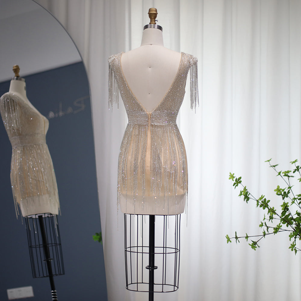 Luxury Beaded Tassel V-Neck Short Cocktail Dress RM043