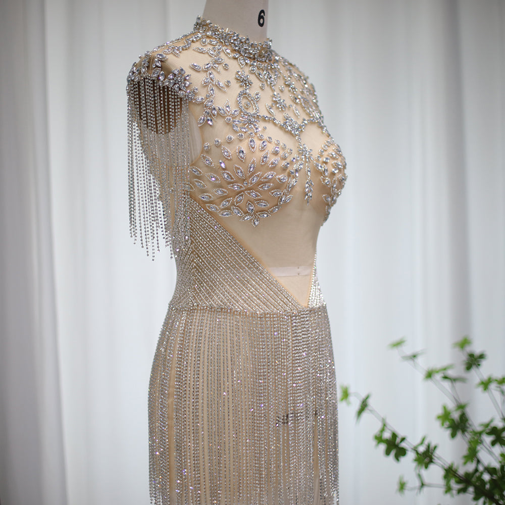 Luxury Crystal Tassels High-Neck Short Cocktail Dress RM113