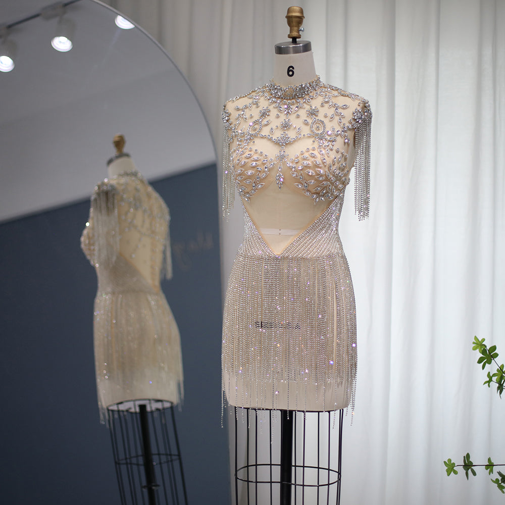 Luxury Crystal Tassels High-Neck Short Cocktail Dress RM113