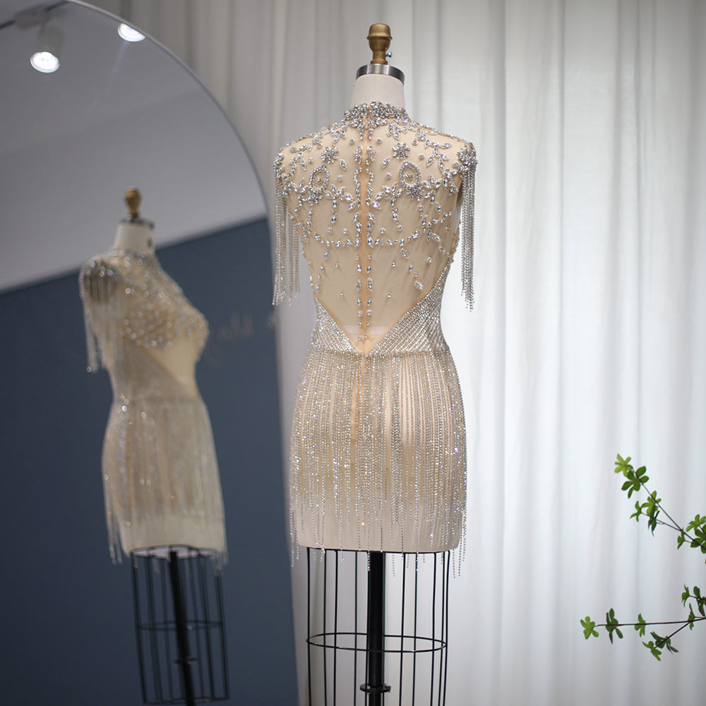 Luxury Crystal Tassels High-Neck Short Cocktail Dress RM113