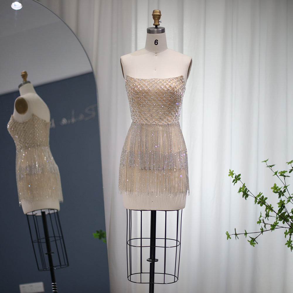 Luxury Beaded Crystal Tassel Short Mini Party Dress RM040