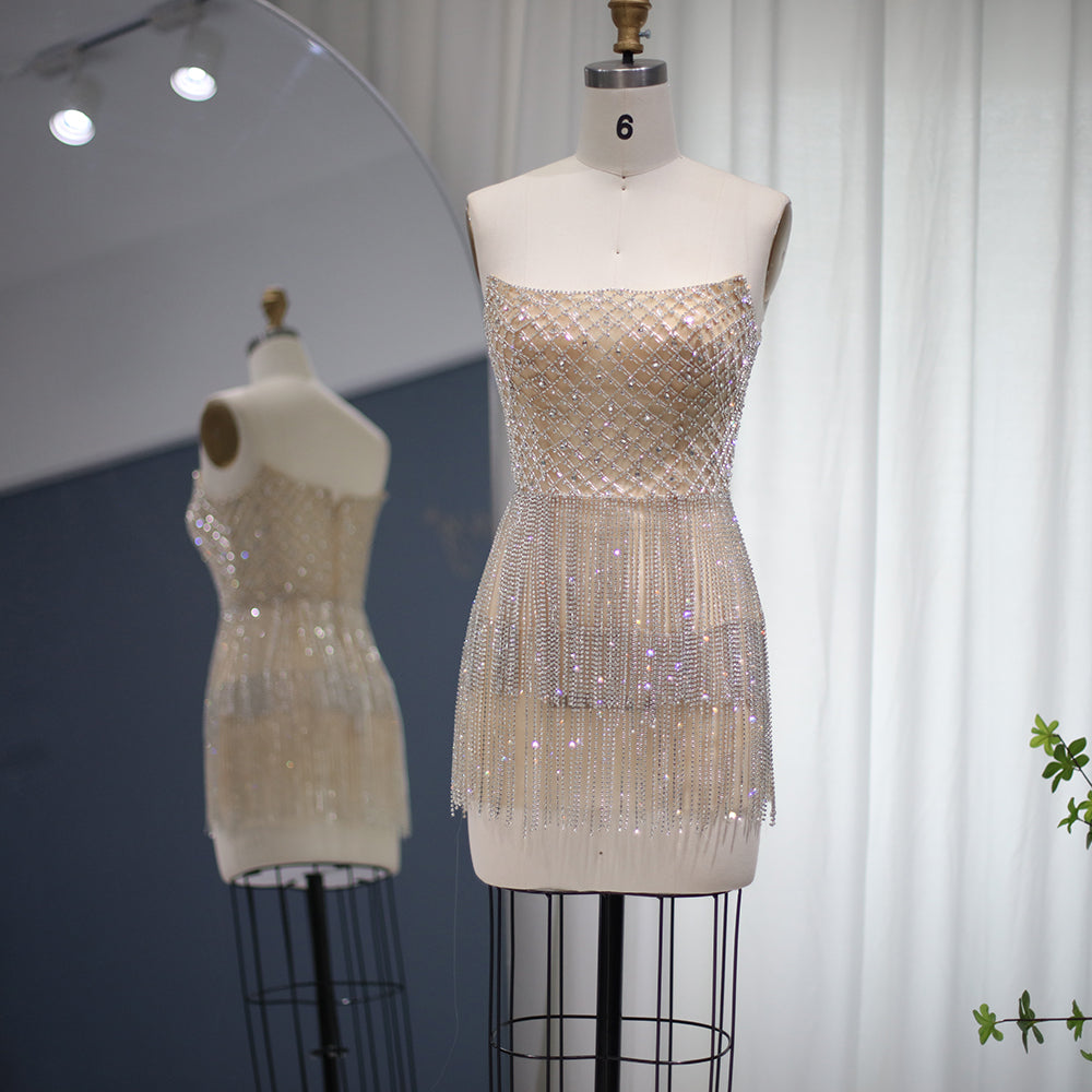 Luxury Beaded Crystal Tassel Short Mini Party Dress RM040  Nude / US 16