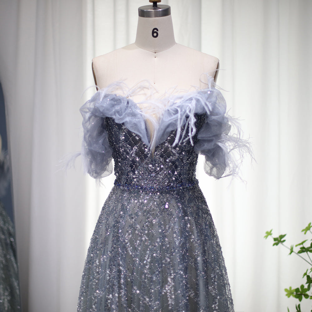 Dreamy Vow Luxury Feathers Green Dubai Evening Dresses 2023 Elegant Off Shoulder Long Formal Dress for Women Wedding Party 303