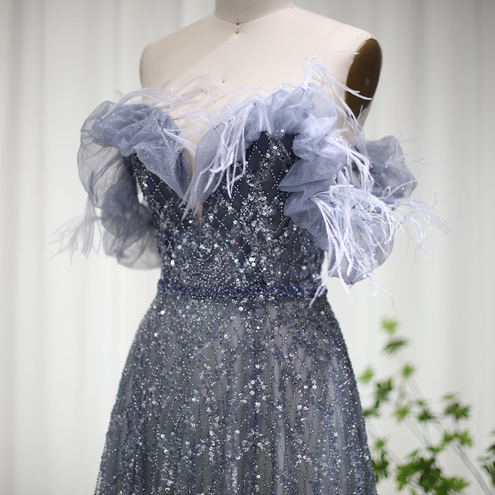 Dreamy Vow Luxury Feathers Green Dubai Evening Dresses 2023 Elegant Off Shoulder Long Formal Dress for Women Wedding Party 303