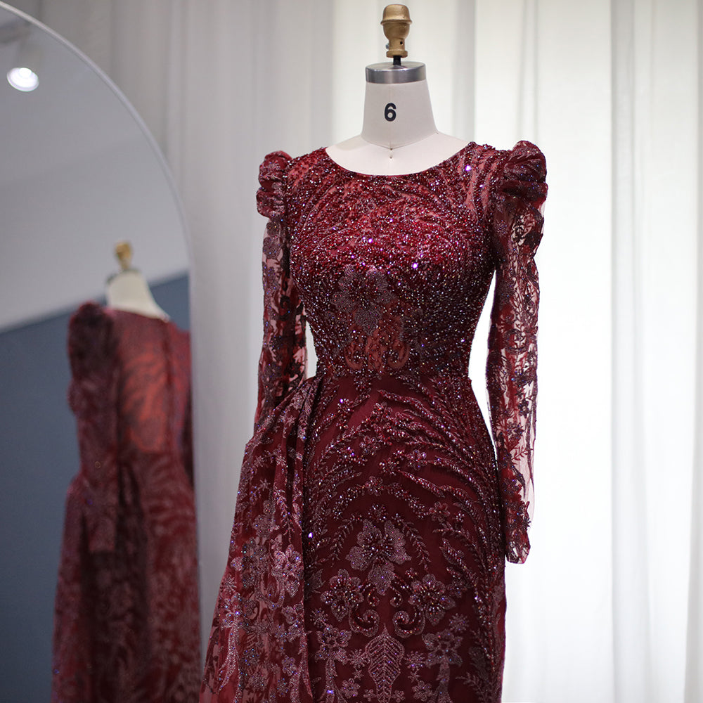 Luxury Burgundy Long Sleeves Evening Dress with Overskirt SS127