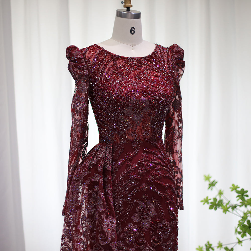 Luxury Burgundy Long Sleeves Evening Dress with Overskirt SS127