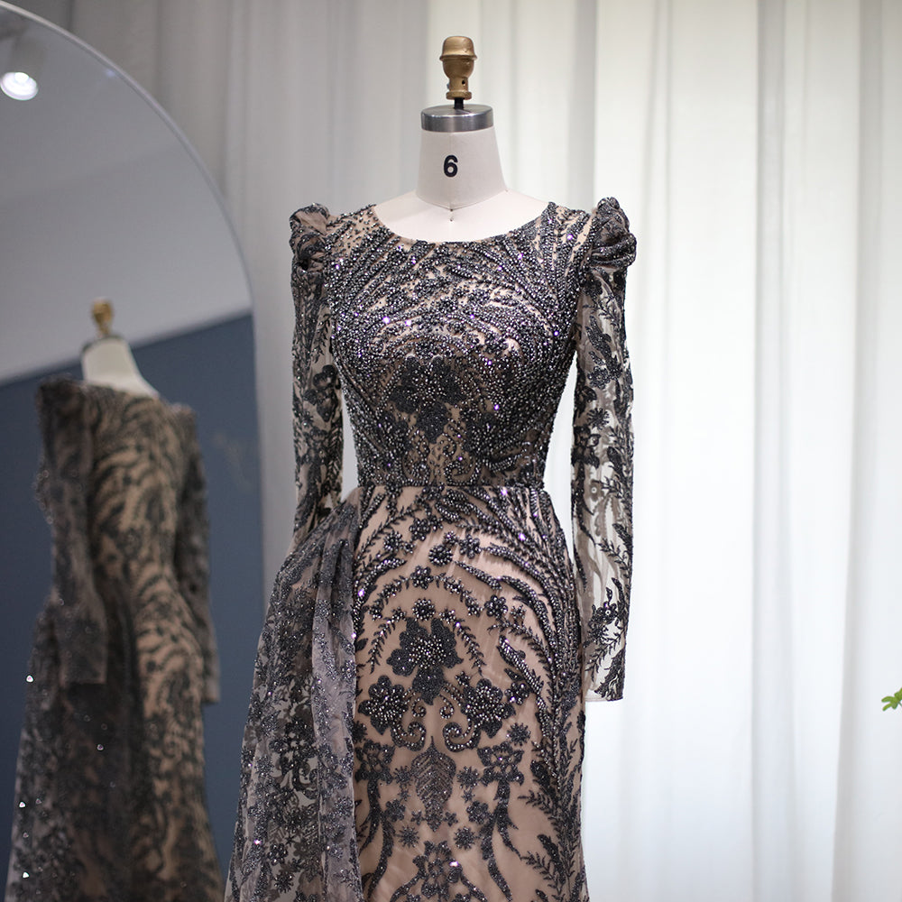 Luxury Burgundy Long Sleeves Evening Dress with Overskirt SS127