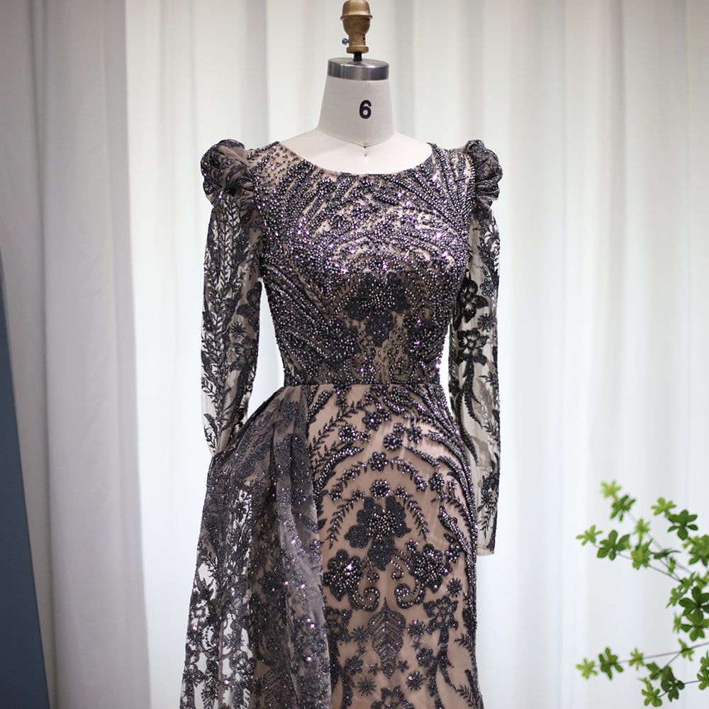 Luxury Burgundy Long Sleeves Evening Dress with Overskirt SS127