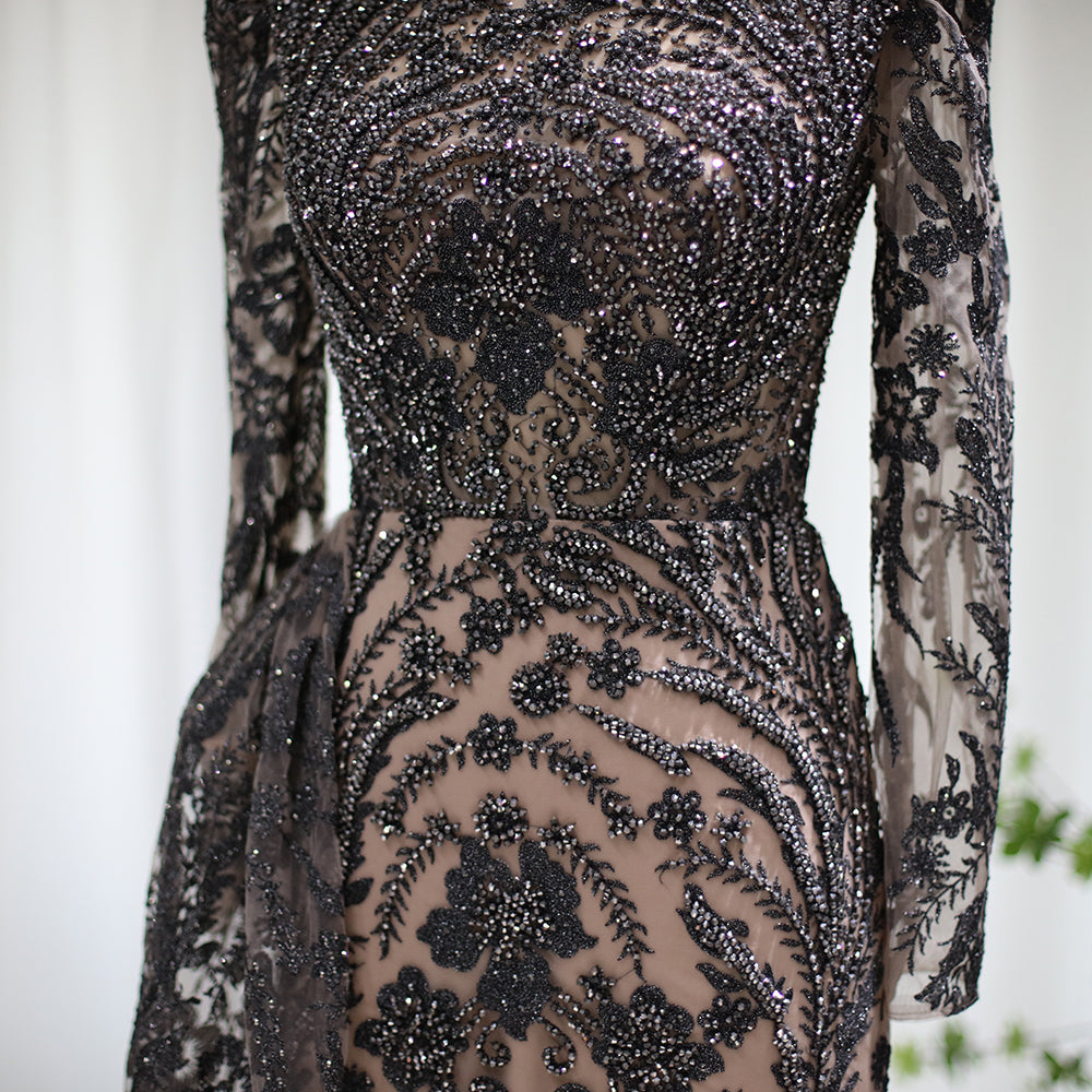 Luxury Burgundy Long Sleeves Evening Dress with Overskirt SS127