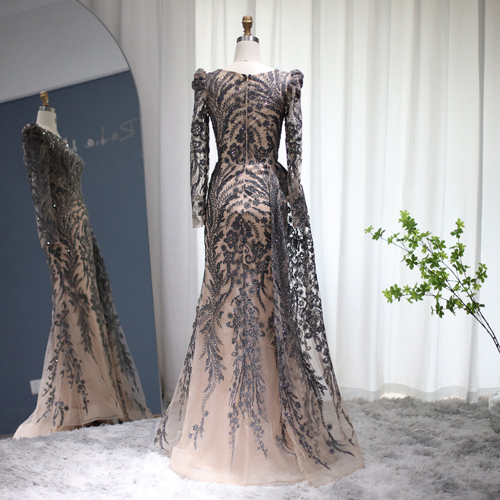 Luxury Burgundy Long Sleeves Evening Dress with Overskirt SS127