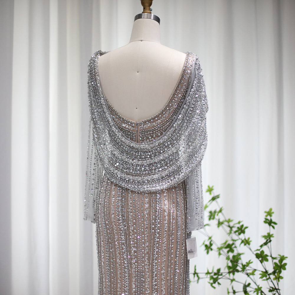 Dreamy Vow Luxury Silver Mermaid Dubai Evening Dress with Cape Heavy Beaded Slit Prom Dresses for Women Wedding Party 035