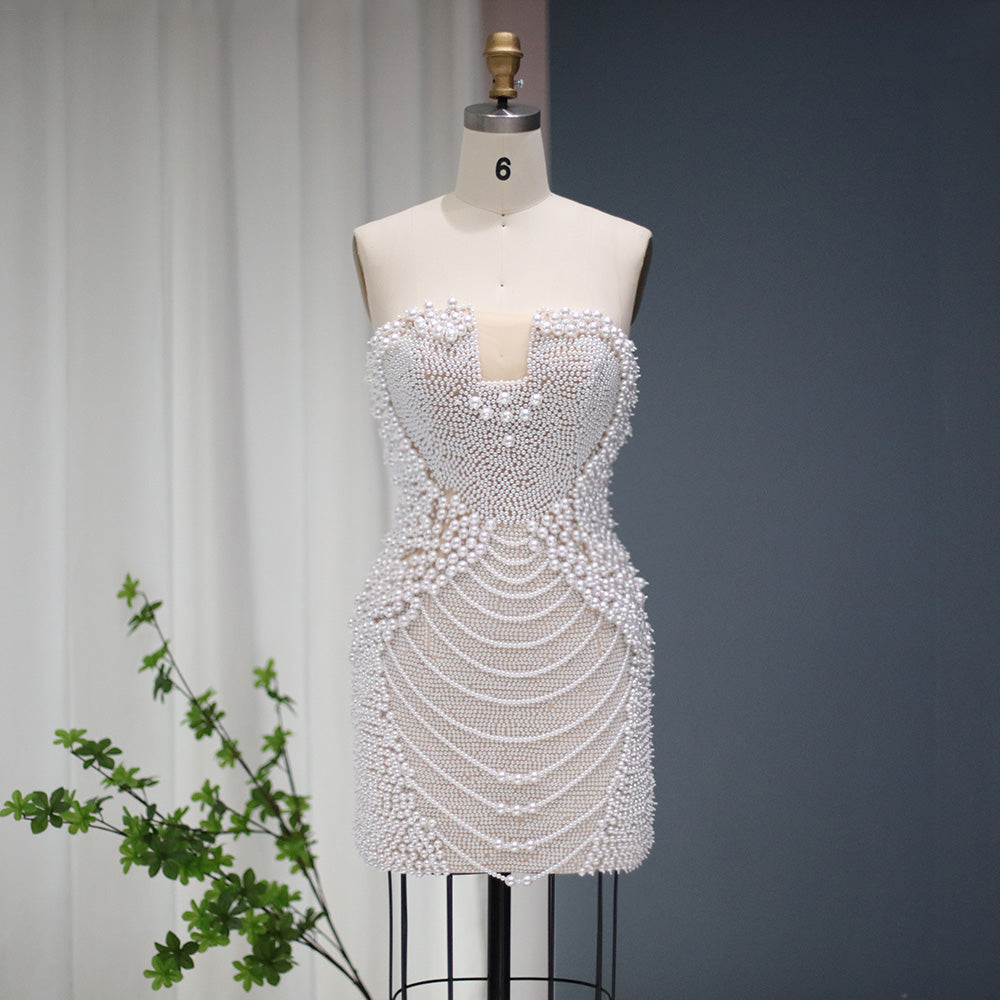 Luxury Pearls Tassels Strapless Cocktail Party Dress RM029