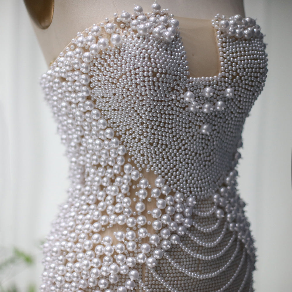 Luxury Pearls Tassels Strapless Cocktail Party Dress RM029