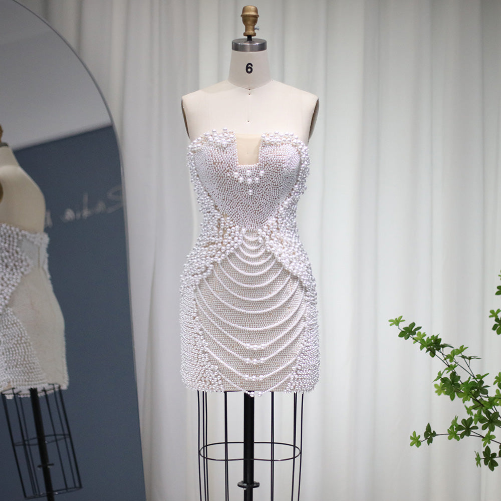 Luxury Pearls Tassels Strapless Cocktail Party Dress RM029  White / US 16