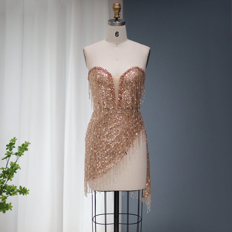 Luxury Tassel High Slit Strapless Short Cocktail Party Dress RM044  Gold / US 16